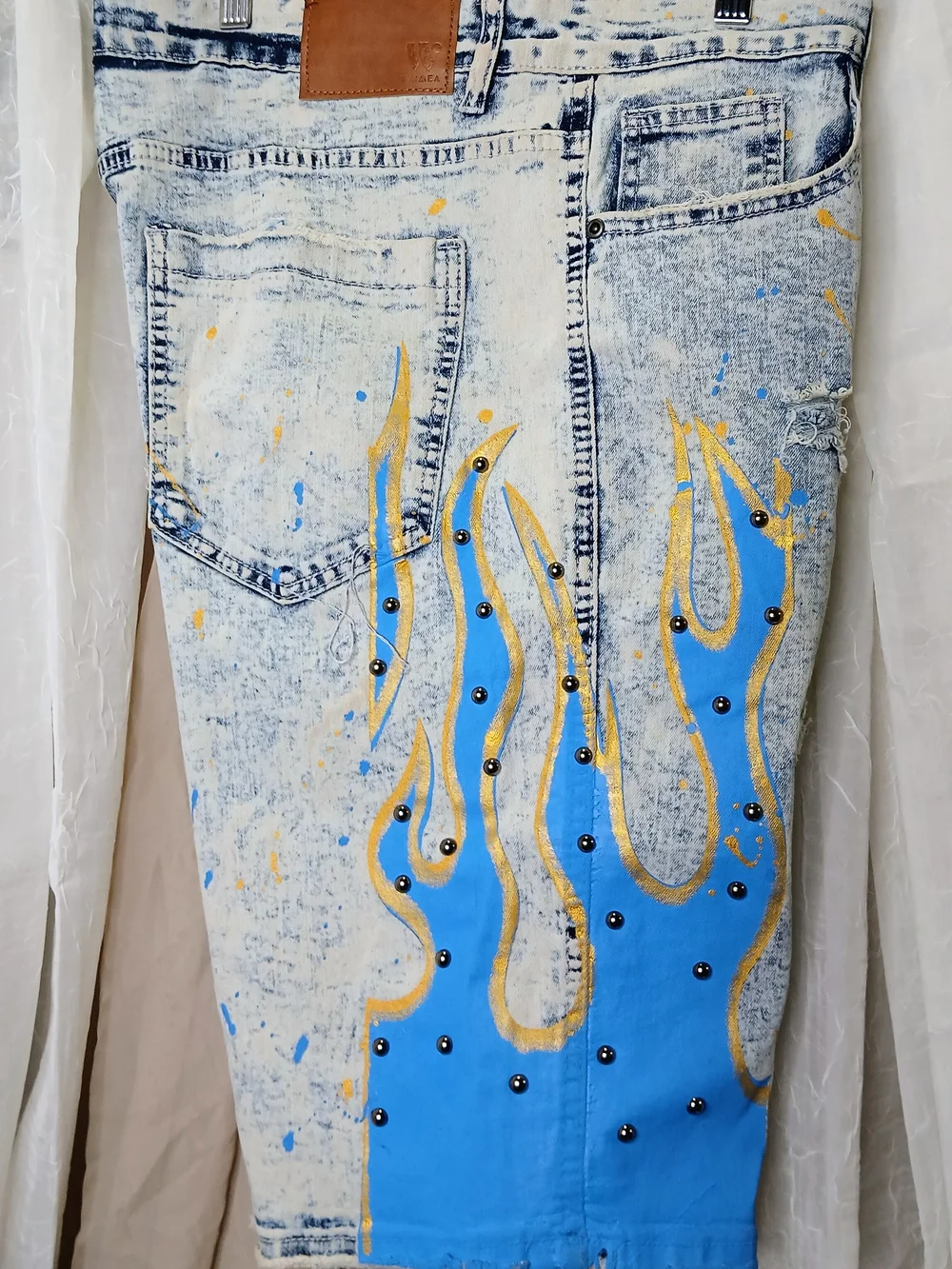 Men's Acid-Wash Jean Shorts with Blue Flame Detail